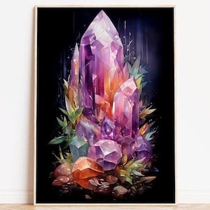 Mystical Crystal Art Print, Vibrant Gemstone Poster, Fantasy Rock Formation Wall Decor, Healing Energy Crystals Painting for Home