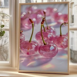 Pink Cherry Print - Glossy Iridescent Fruit Poster - Playful Pastel Kitchen Art - Cute Aesthetic Decor for Café, Cocktail Bar & Bakery