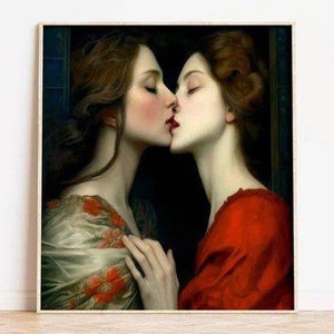 Romantic Lesbian Lovers Painting - Vintage Sapphic Art Poster, Aesthetic Wall Print, High-Quality Lesbian Artwork for Home or Gallery Wall