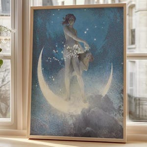 Himmlische Göttin Mond Poster - Ätherischer Nachthimmel Wandkunst mit weiblicher Energie - Verträumter mystischer Druck für Schlafzimmer oder Boho spirituelle Dekoration