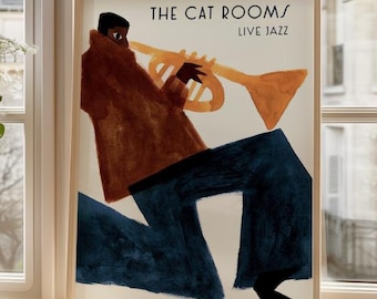The Cat Rooms Jazz Poster – Modern Musician Art Print with Saxophone Player – Cool Wall Decor for Bar, Lounge, Studio or Music Room