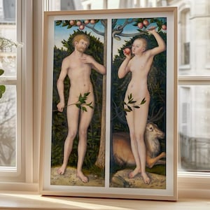 Adam and Eve Art Print – Vintage Biblical Scene Poster – Garden of Eden Painting – Religious Wall Decor – Classic Temptation Artwork