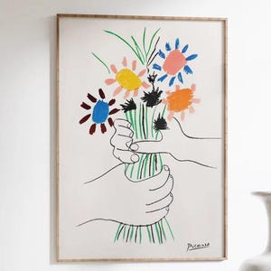 Impression bouquet de la paix Picasso, affiche d'art floral minimaliste, dessin au trait abstrait, décoration murale moderne, oeuvre d'art emblématique pour la maison et le bureau