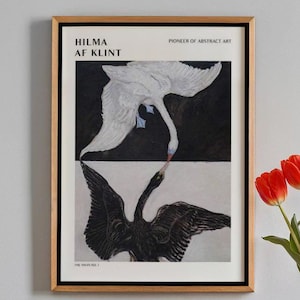 Artistic Swan Poster - Black and White Swans in Abstract Composition, Inspired by Hilma af Klint, Wall Art for Modern or Minimalist Spaces