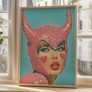 Glitter Devil Girl Wall Art – Playful Retro Pop Poster of Sparkly Pink Horned Beauty – Glam Surreal Art for Edgy Fashion Room Decor