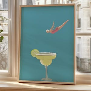 Margarita Dive Kunstdruck – Surrealer Sommer Cocktail Poster – Retro Frau im Tequila Drink – Bar Dekor