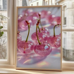Glossy Pink Cherry Poster – Shiny Fruit Wall Art With Stems and Rainbow Light Effects – Vibrant Modern Print for Kitchen or Bar Decor