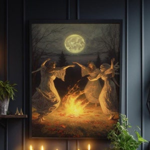 Moonlit Sabbath Wiccan Poster - Vintage Witch Ritual Print, Mystical Full Moon Fire Dance Decor, High-Quality Witchcraft Wall Art for Home