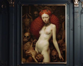 Infernal Lilith Art Poster, Gothic Redhead Goddess, Witch Poster, Skull Decor, Mystical Wiccan Wall Art, High Quality Sabbath Print