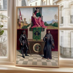 Renaissance Religious Art Print – Virgin Mary with Baby Jesus, Knight and Monk – Sacred Classical Painting for Historic Home Wall Decor