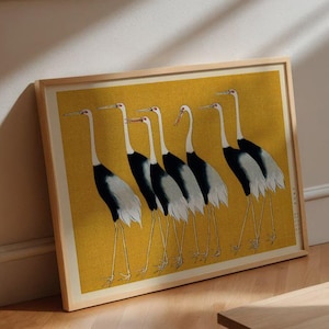 Ogata Korin &#39;Seven Cranes&#39; High-Quality Japanese Art Print, Large Vintage Bird Illustration for Traditional Asian Wall Decor