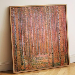 Pintura de bosque otoñal de Gustav Klimt: impresión artística de alta calidad, paisaje forestal vibrante, arte natural otoñal, decoración de pared vintage para el hogar