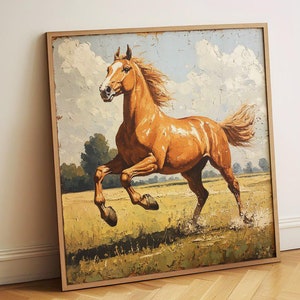 Golden Horse Painting – Rustic Farmhouse Wall Art, Vibrant Equestrian Oil Print, Majestic Animal Portrait, Vintage Home Decor