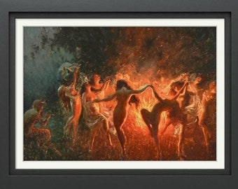 Fire Dance Witch Gathering Art Print - Mystical Wiccan Ritual Decor, Vintage Pagan Celebration, Enchanted Witchcraft Wall Art