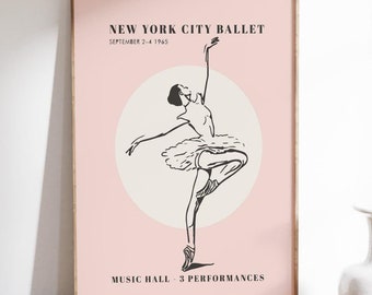 New York City Ballet Poster - Vintage Ballerina Print, minimalistische Tanzwandkunst, Retro Ballettaufführungsposter für Zuhause oder Ihr Studio