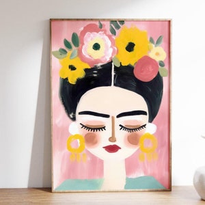 Frida Kahlo-Inspired Art Print - Floral Headpiece, Mexican Folk Art Wall Decor, Boho Feminine Artwork, Colorful Frida Portrait