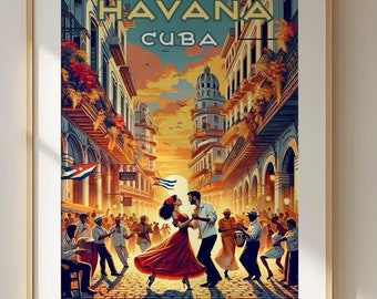 Havana Cuba Retro Art Print - Colorful Illustration of Dancing in