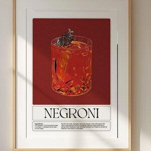 Negroni Cocktail Art Print - Vintage Retro Drink Illustration Wall Decor for Cocktail Lovers and Home Bars, Elegant Alcohol Poster