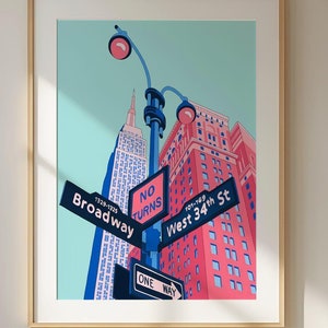 Póster de letrero de calle de la ciudad de Nueva York, arte mural de Broadway y West Street, impresión de arquitectura urbana, decoración del horizonte de la ciudad de Nueva York, ilustración del Empire State