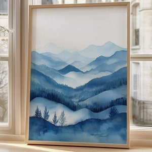 Blue Mountain Landscape Poster, Watercolor Mountain Print, High-Quality Art Print, Nature Wall Decor, Forest Painting, Tranquil Home Decor