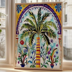 Vibrant Tropical Palm Tree Poster -  Bohemian Wall Art, Exotic Nature Illustration, Artistic Home Decor, Lush Floral Artwork for Living Room