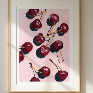 Kirsche Wand Kunst Druck, Minimalistische Rote Beeren Kunstwerk, Retro Pop Art Dekor, lebendige rosa Hintergrund Poster, Stilvolle moderne Innendekoration