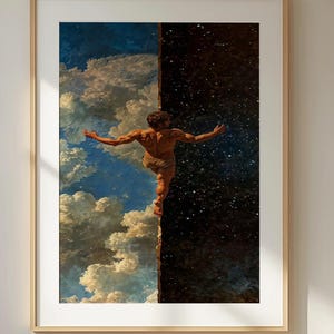 Surrealer Himmel und Weltraum Druck - Traumhaftes Fantasy Kunst Poster - Kosmisches Gleichgewicht Gemälde - Symbolische Fine Art Wanddekoration für nachdenkliche Innenräume