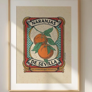Naranjas de Sevilla Retro Art Print - Vintage Spanish Design with Oranges and Decorative Typography, Wall Decor for Spain and Fruit Lovers