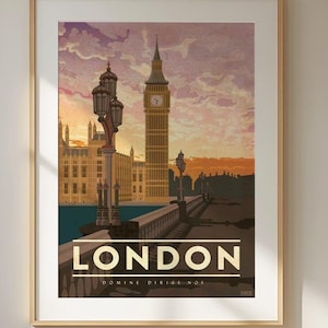 Impression d&#39;art de voyage rétro à Londres - belle affiche vintage de Big Ben et de la Tamise, décoration murale unique pour les amateurs de voyage et les amoureux de la ville