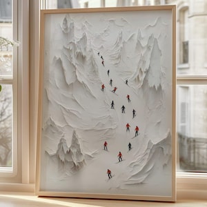 Skiing Mountain Scene Wall Art, 3D Landscape Sculpture Poster, Winter Sports Decor, Skiers in Snowy Mountain Poster, Winter Adventure Art