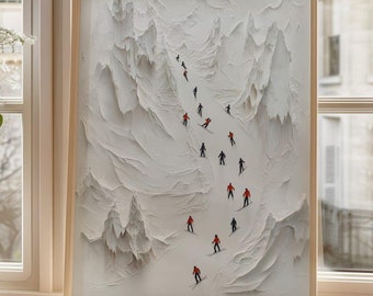Skiing Mountain Scene Wall Art, 3D Landscape Sculpture Poster, Winter Sports Decor, Skiers in Snowy Mountain Poster, Winter Adventure Art