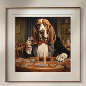 Arte de parede de cachorro pôquer, pintura engraçada de basset hound, decoração de bar de uísque e cartas, pôster de jogo vintage, arte de animal de estimação peculiar para sala de jogos