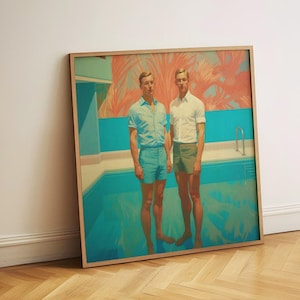 Retro LGBTQ Poolside Druck, Gay Paar Sommer Poster, Vintage tropische Vibes, surrealistische Malerei am Pool, moderne Wandkunst für Wohnkultur