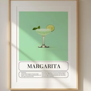Margarita Cocktail Recipe Poster, Lime Green Wall Decor, Classic Drink Illustration, Retro Bar Artwork, Kitchen and Home Decor Print