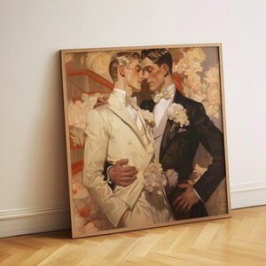 LGBTQ Hochzeit Kunstdruck, Elegantes Gay Paar Poster, Romantisches Blumen Poster, Surrealistisches Paar Porträt, Moderne Wandkunst für Hausdeko oder Geschenk