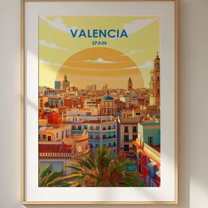 Cartaz de viagem de Valência, impressão de arte de parede vintage da Espanha, arte de paisagem urbana colorida, decoração mediterrânea retrô, decoração cênica de casa em Valência