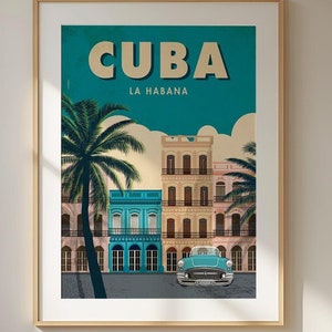Havana Travel Poster, Cuba Vintage Wall Art Print, Colorful Colonial Architecture and Classic Car Artwork, Vibrant Retro Decor for Home