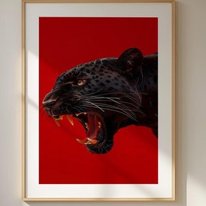 Panther Roaring Poster, Wild Animal Art Print, Black Panther Art, Fierce Panther Wall Art, Red Background Animal Decor, Modern Nature Poster