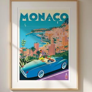 モナコ旅行ポスター、レトロなリビエラのアートワーク、ヴィンテージモンテカルロの壁アート、クラシックカープリント、旅行や家庭スタイルのための地中海の装飾