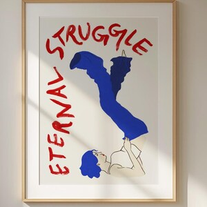 Impresión artística de lucha eterna: texto rojo vibrante y figura azul, decoración de pared ilustrativa moderna para espacios inspiradores, creativos o artísticos