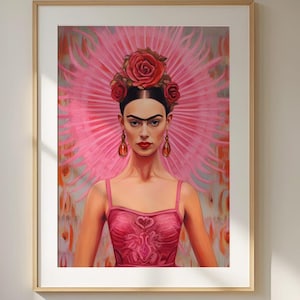 Frida Kahlo-Inspired Pink Portrait Art Print, High-Quality Maximalist Wall Decor, Trending Inspiring Woman Art for Home Gallery