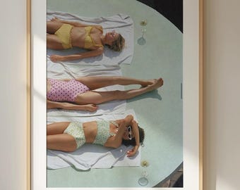 Summer Poolside Photography Print - Retro Aesthetic Wall Art - Stylish Sunbathing Women Poster - Chic Beach House Decor for Modern Interiors