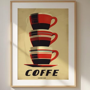 Vintage Coffee Poster, Retro Stacked Cups Wall Art, High-Quality Mid-Century Modern Coffee Lover Gift, Stylish Kitchen Wall Decor Print