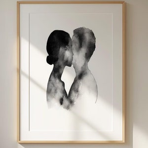 Romantic Couple Silhouette Poster - Minimalist Black and White Wall Art, Modern Love Artwork, Intimate Home Decor, Abstract Couple Print