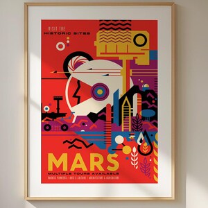 Retro Mars-reisposter – vintage futuristische ruimtekunst, scifi-verkenningsdecor, op NASA geïnspireerde muurprint rode planeet voor ruimteliefhebbers