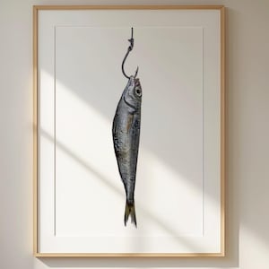 Vintage Fisch am Haken Druck - Angeln Wand Kunst Poster - Nautisches Ozean Dekor für Hütte oder Menschenhöhle - Fischer Geschenk Illustration Kunstwerk