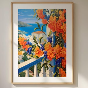 Amalfi Coast Balcony Art Print – Vibrant Mediterranean Landscape with Orange Flowers, High-Quality Italian Decor for Trendy Gallery Walls