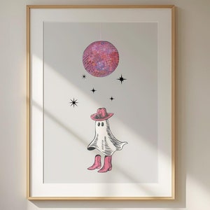 Retro Pink Dancing Ghost Art Print, High-Quality Aesthetic Wall Decor, Cowgirl Boots Disco Vibe, Fun Preppy Poster for Trendy Spaces