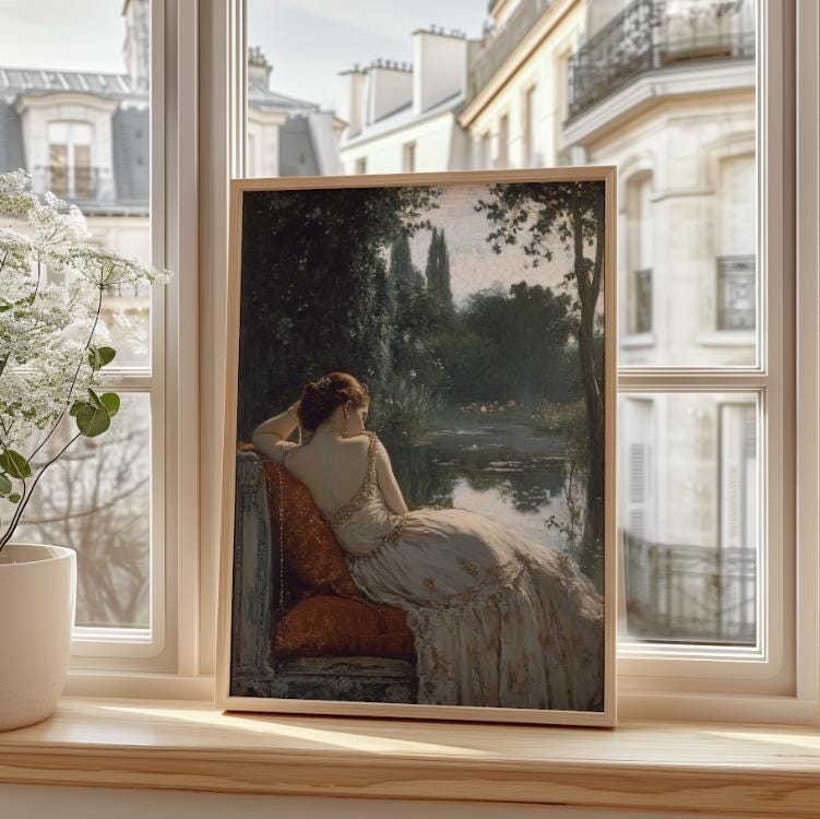 Romantic Woman by the Lake Poster – Vintage Style Elegant Lady in Nature Wall Art – Serene Fine Art Print for Bedroom or Reading Nook
