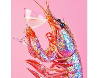 Glitter Lobster Poster – Quirky Crustacean Wall Print with Champagne Glass on Pink Background for Kitchen, Bar, or Funky Art Decor